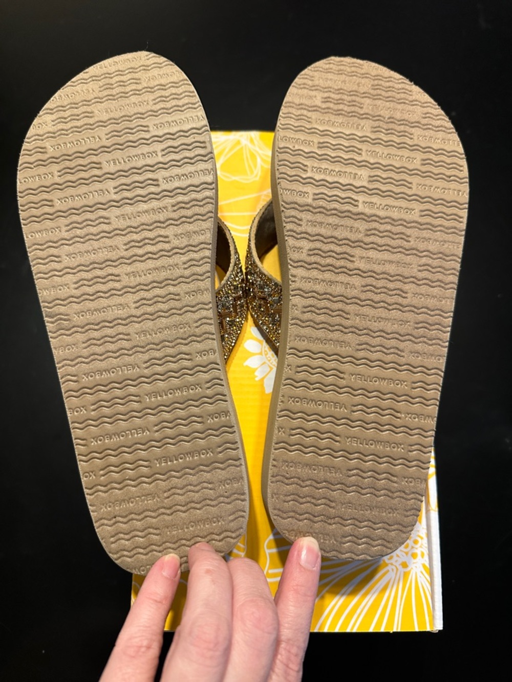 Yellow Box Tan Beaded Wedge Flip-Flops with Gold Accents - Picture 2 of 4